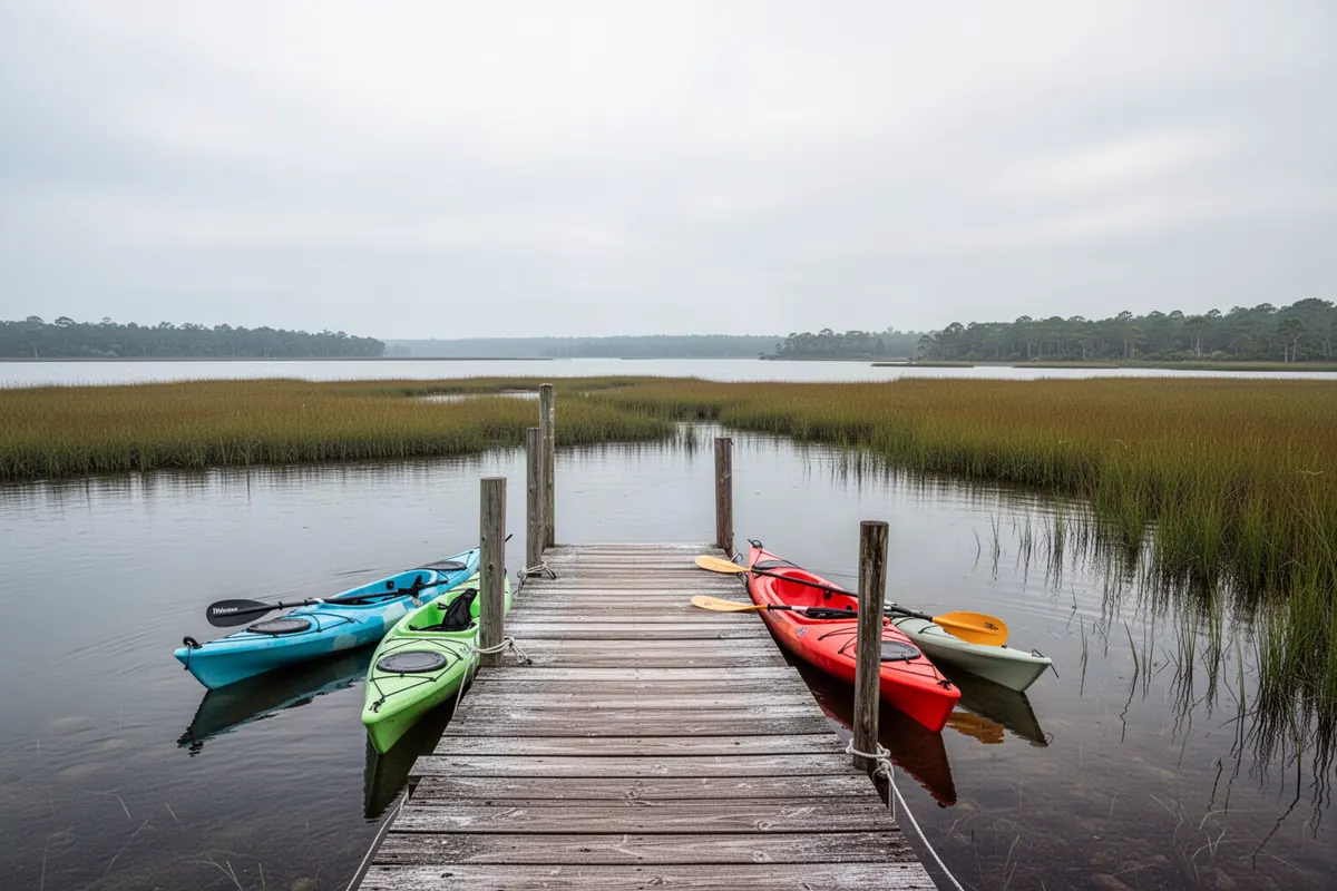 Wooden pier with kayaks on a calm bay