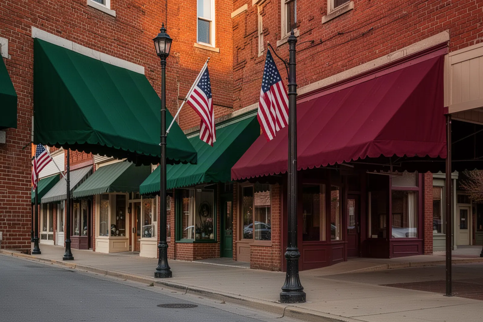 Brick storefronts along a historic small-town main street